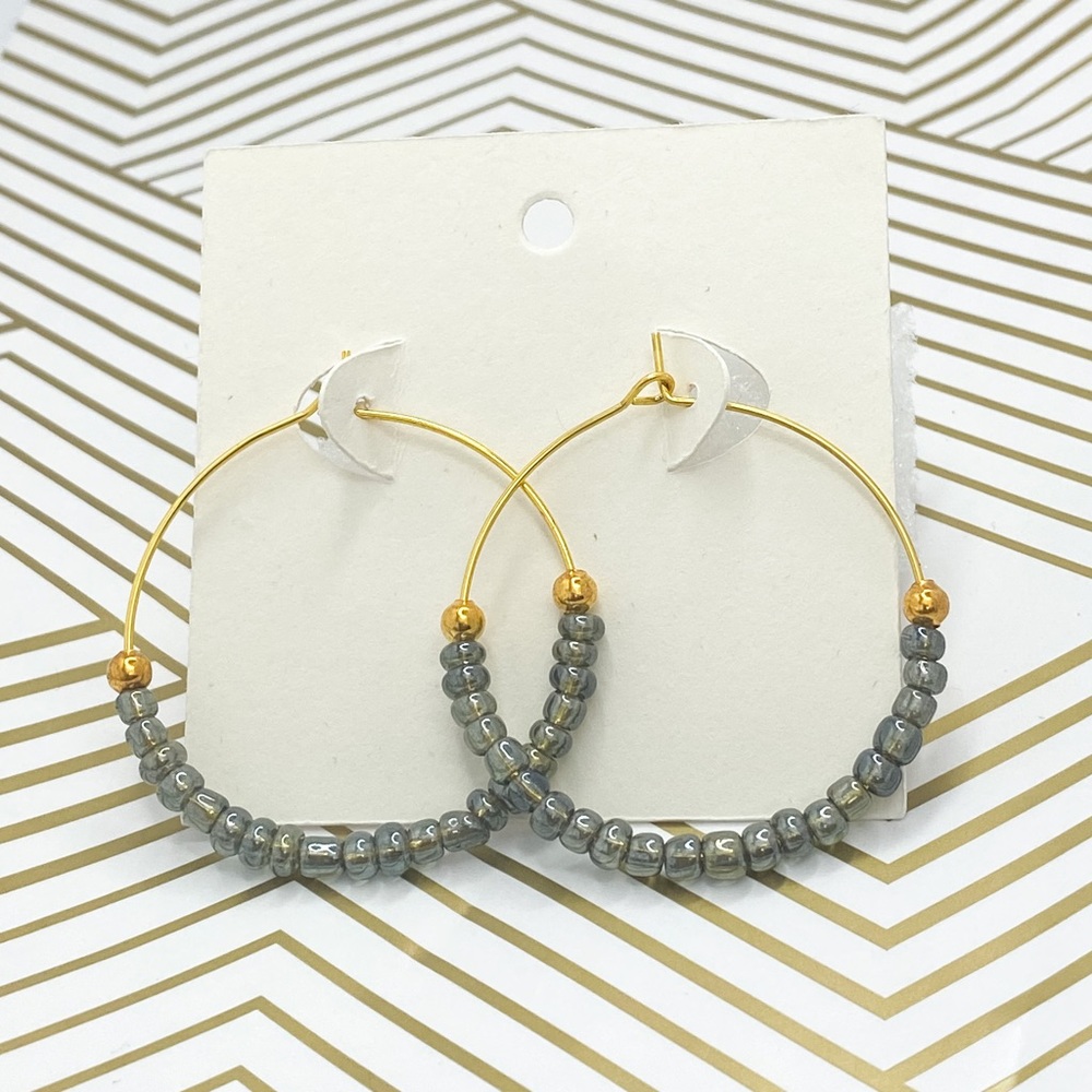 Gold earrings grey beaded hoops
